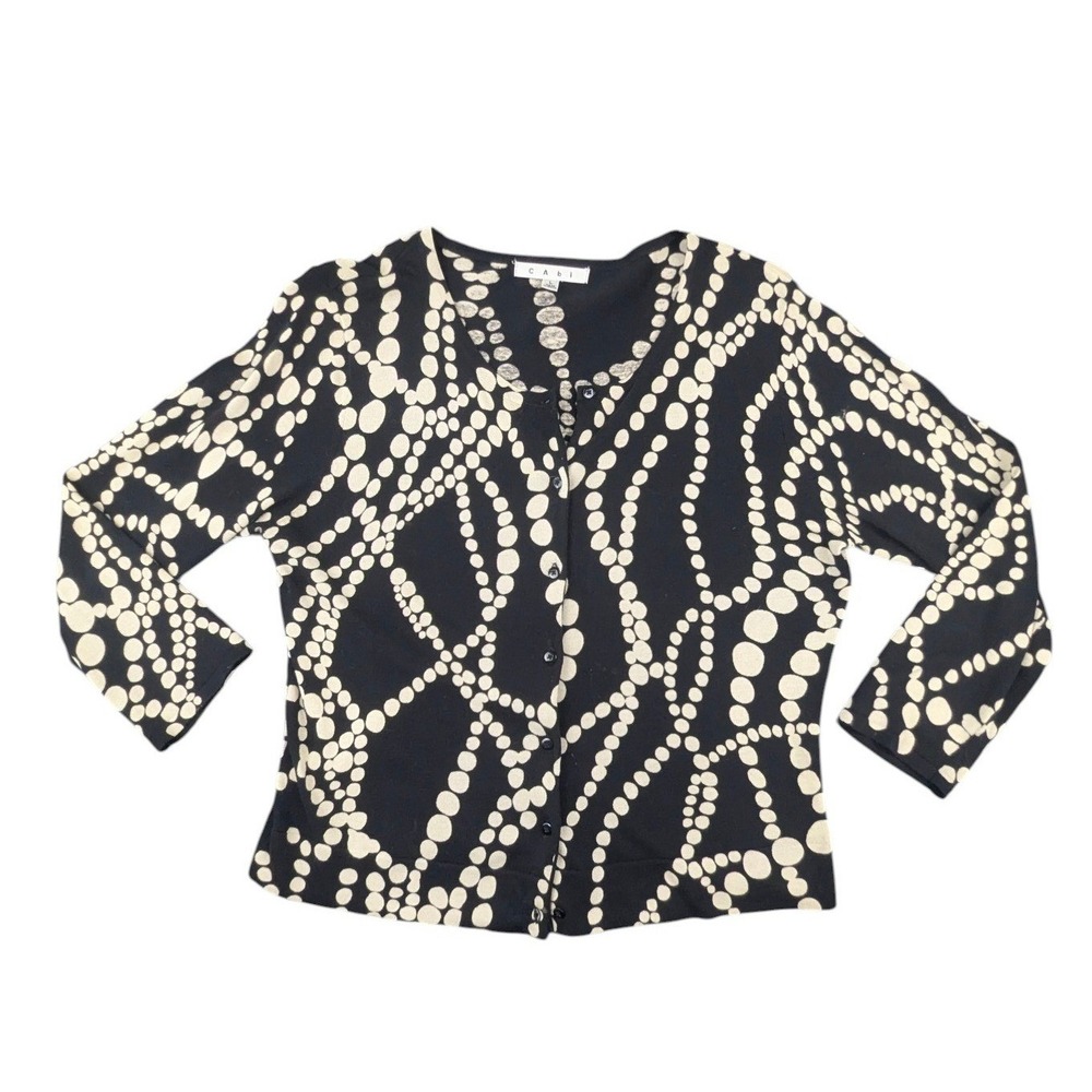 Cabi Black Cream Abstract Dot Cotton Cardigan Sweater Size L Grandma Office